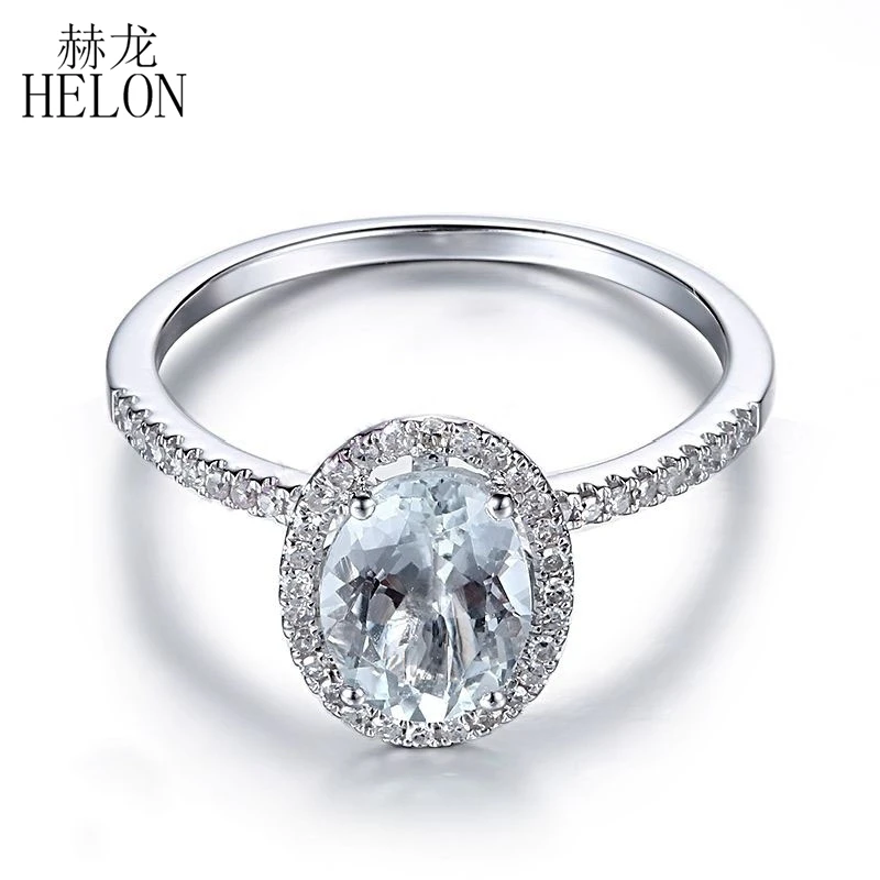 

HELON Solid 14K White Gold Oval 8x6mm Natural Aquamarine & Diamonds Engagement Wedding Ring Women Trendy Fine Jewelry Best Gift