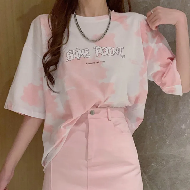 Loose Fashion Tie-dye O-Neck Short Sleeve Pink Print Women's Long Oversized T-Shirt 2021 Casual Tee Shirts Female Summer Tops
Loose Fashion Tie-dye O-Neck Short Sleeve Pink Print Women's Long Oversized T-Shirt 2021 Casual Tee Shirts Female Summer Tops