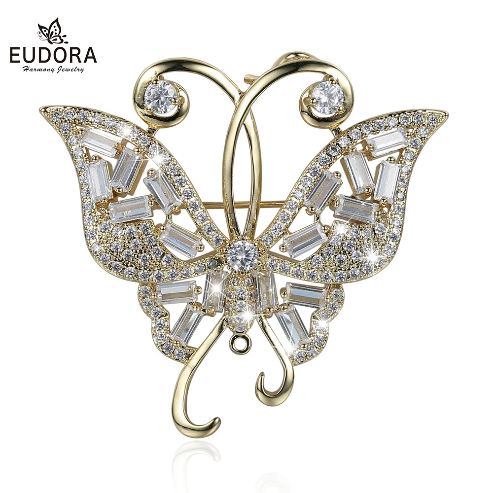 Фото Женская Брошь бабочка EUDORA медная металлическая брошь в форме бабочки с фианитами
