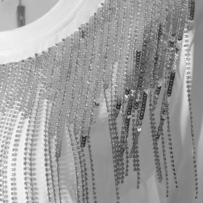 Heavy Work Punk Style Short Sleeve Sequine Chain Women Top Tees Pullover Cotton Blends Black Loose Streetwear Female T-Shirts
Heavy Work Punk Style Short Sleeve Sequine Chain Women Top Tees Pullover Cotton Blends Black Loose Streetwear Female T-Shirts