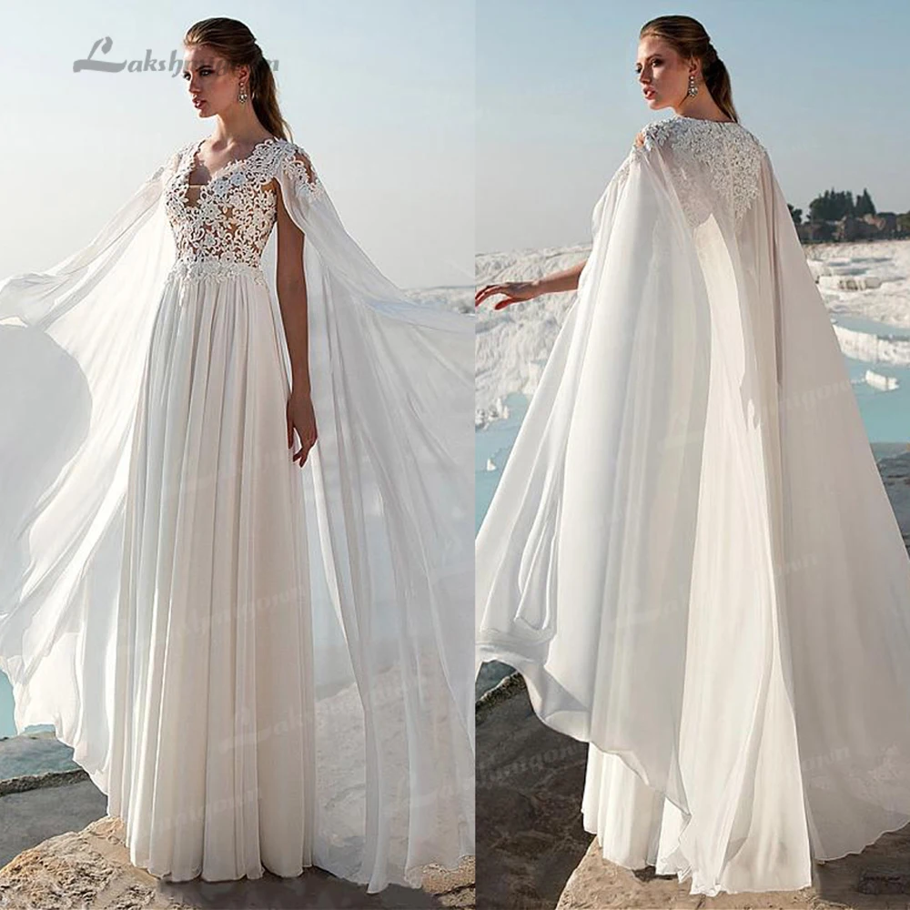Elegant Chiffon A-line Wedding Dress 2021 With Beaded Lace Appliques Boho Bridal Dress with Cloak vestido de formatura V Neck
Elegant Chiffon A-line Wedding Dress 2021 With Beaded Lace Appliques Boho Bridal Dress with Cloak vestido de formatura V Neck