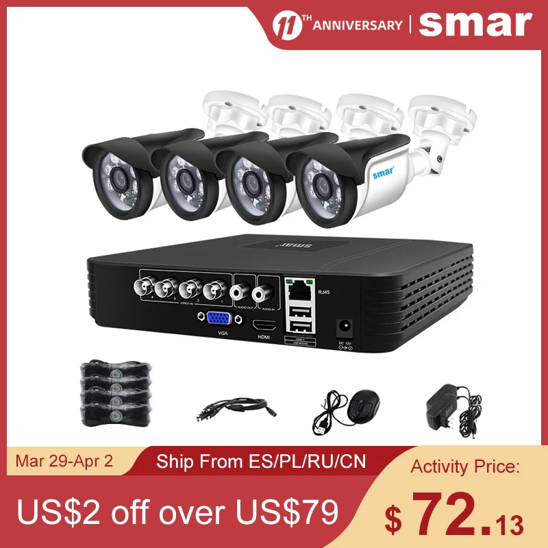 

Smar 4CH 1080N 5 in 1 AHD DVR Kit CCTV System 4PCS 720P/1080P IR AHD Camera Outdoor Waterproof Security Surveillance Set XMeye