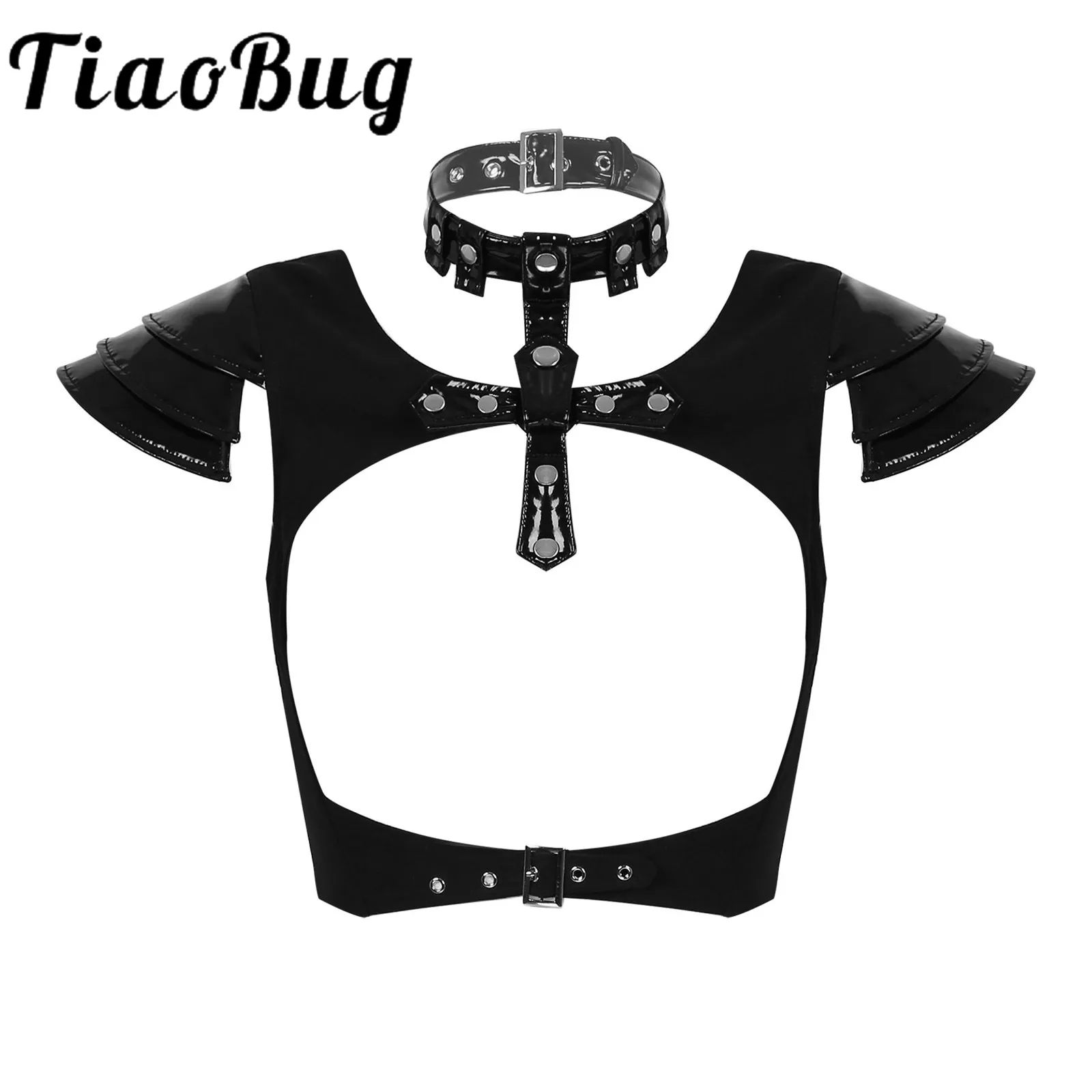 

Womens Lingerie Bustier Latex Patent Leather Tank Halter Neck Short Sleeve Cutout Crop Tops Adjustable Buckle Front Cropped Vest