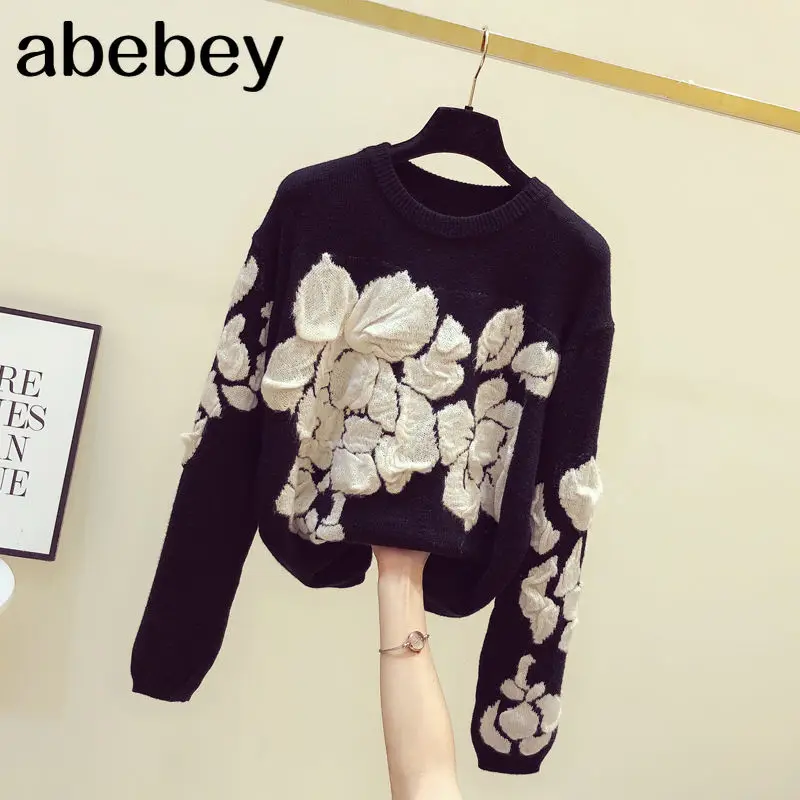 

Fall 2022 Women 3D Embroidery Floral Sweaters Vintage O-neck Knitted Pullovers Sueter Mujer Fashion Korean Jumper 4F171