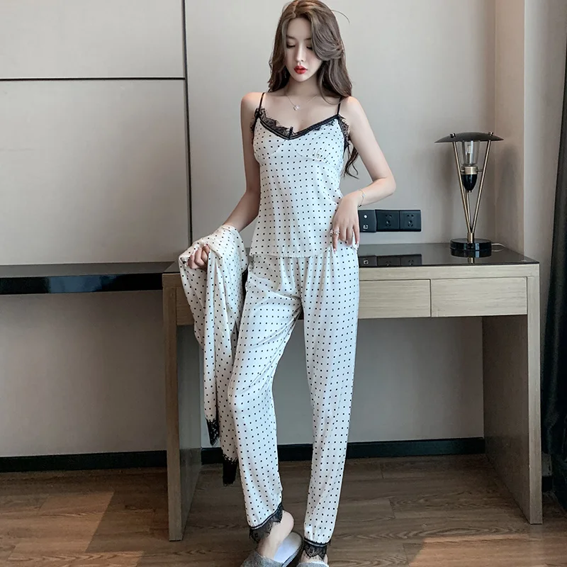 Pajamas Women's Spring and Autumn Long-Sleeved Polka Dot Ice Sling Trousers Three-Piece Suit Lace Artificial Silk Winter
Pajamas Women's Spring and Autumn Long-Sleeved Polka Dot Ice Sling Trousers Three-Piece Suit Lace Artificial Silk Winter