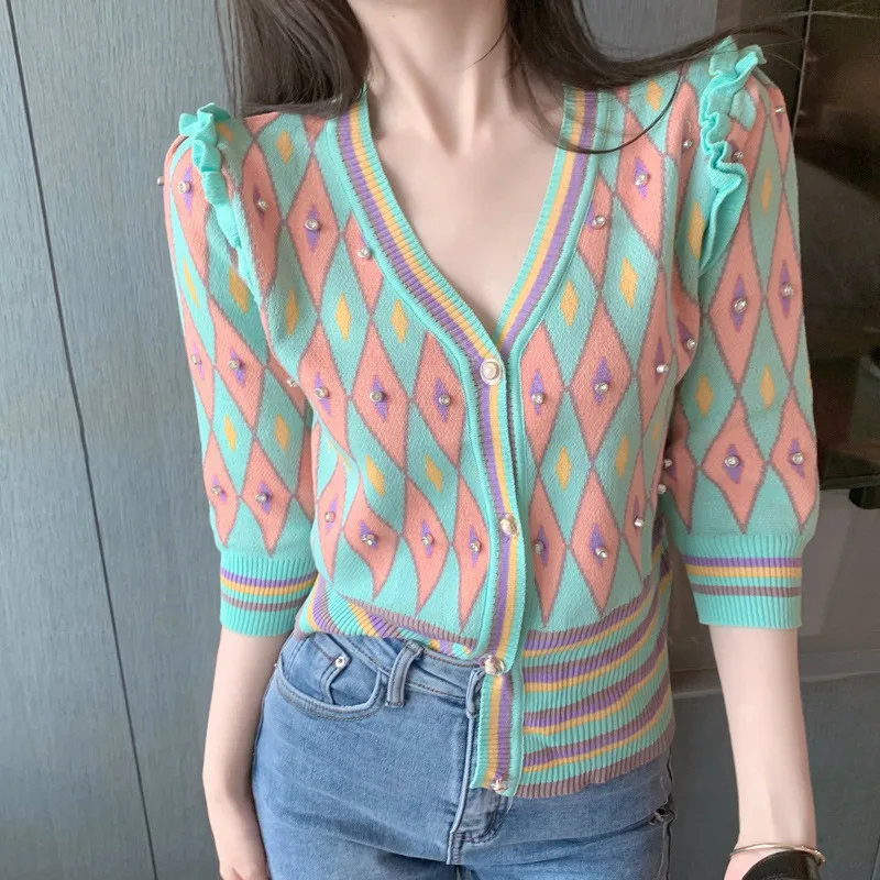 Women Summer Thin Section Knitted Retro V-neck Single Breasted Tops Lady Elegant Half-Sleeve Printed Knitted Cardigan Blouses
Women Summer Thin Section Knitted Retro V-neck Single Breasted Tops Lady Elegant Half-Sleeve Printed Knitted Cardigan Blouses