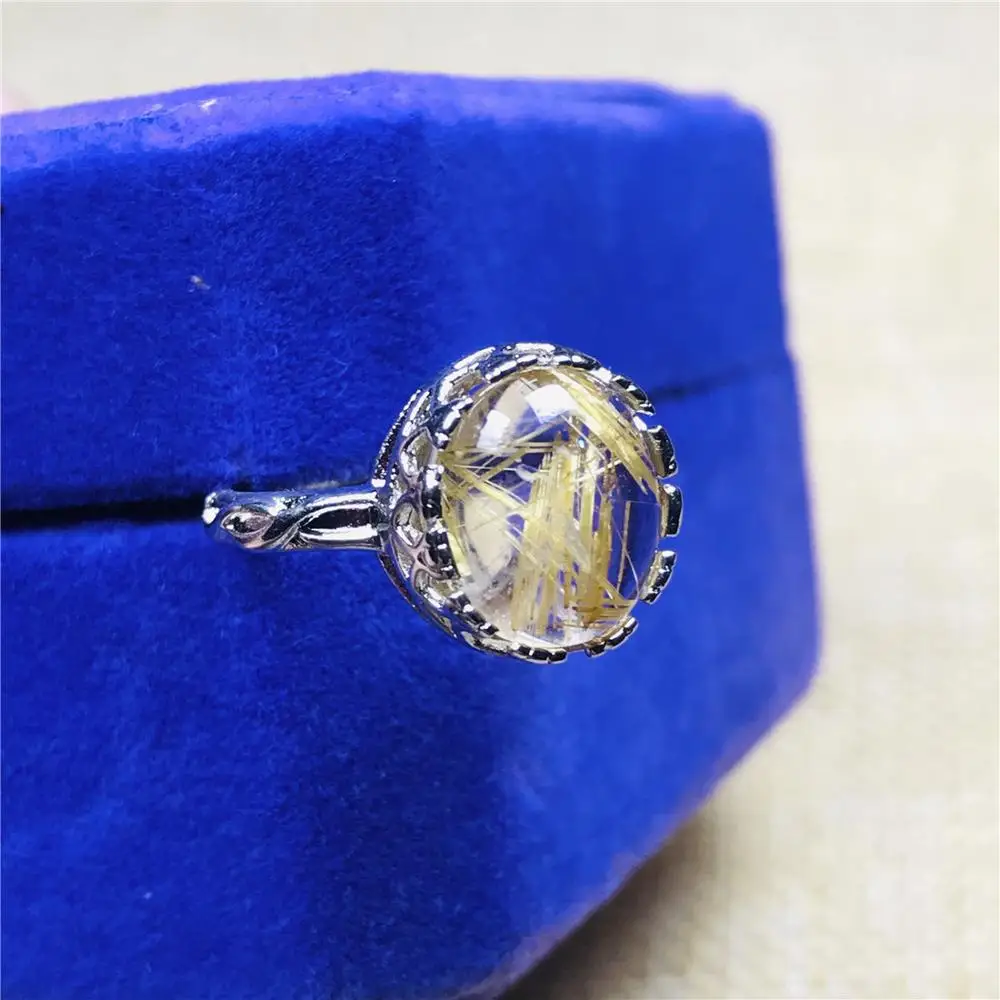 Adjustable Size Ring 12mm Natural Gold Rutilated Quartz For Woman Man 925 Silver Sterling Metal Crystal JewelryAAAAA | Украшения и