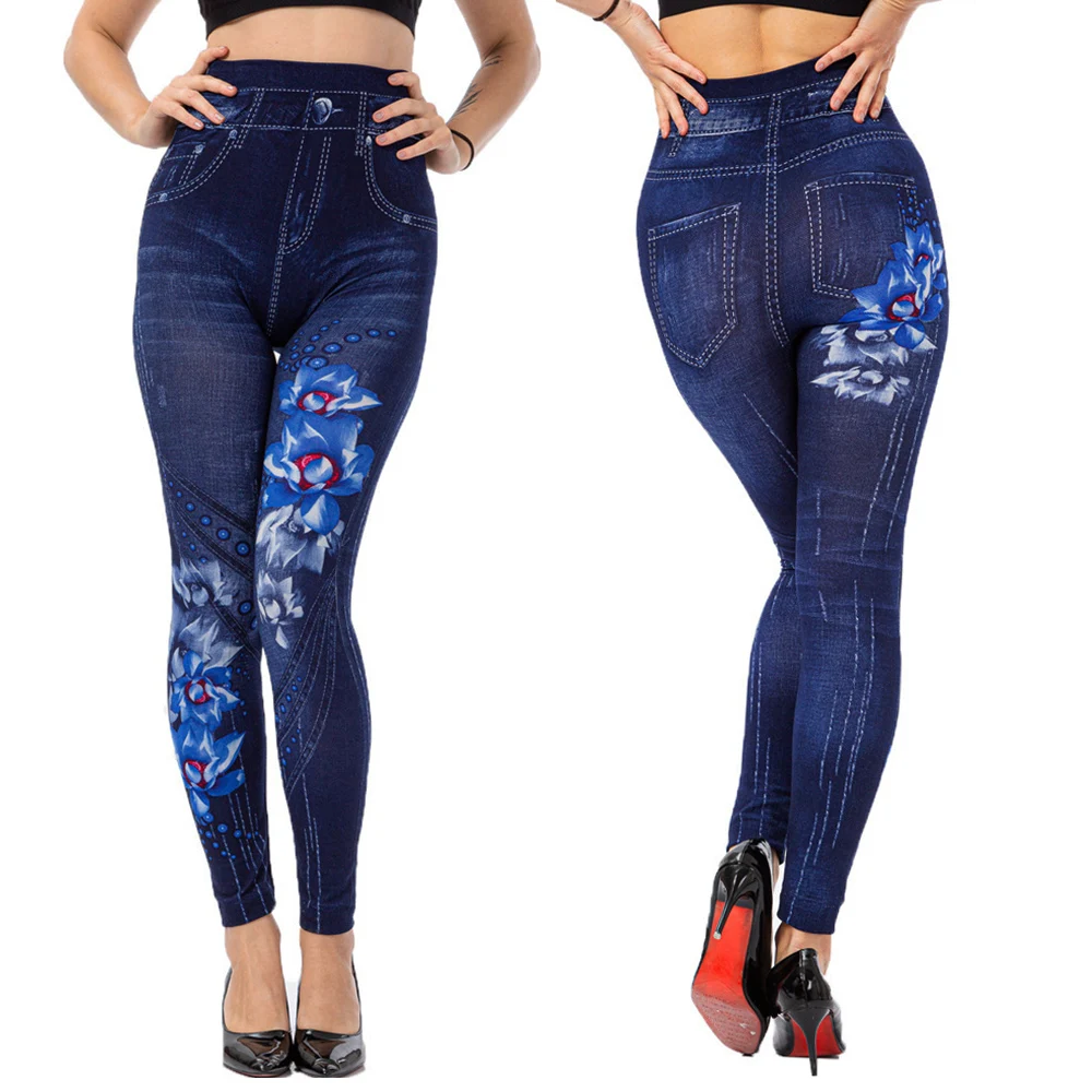 Sexy Jean Leggings Women Elastic Shaping Pants Jeggings Fashion Flower Printed Slim Casual Plus Size 3xl | Женская одежда