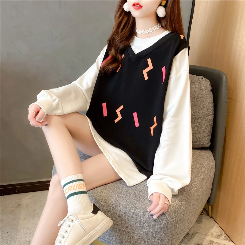 2021 Autumn New Style Loose Casual Fashion Large Size Printing Fake Two-Piece Hooded Sweater Women A0109
2021 Autumn New Style Loose Casual Fashion Large Size Printing Fake Two-Piece Hooded Sweater Women A0109