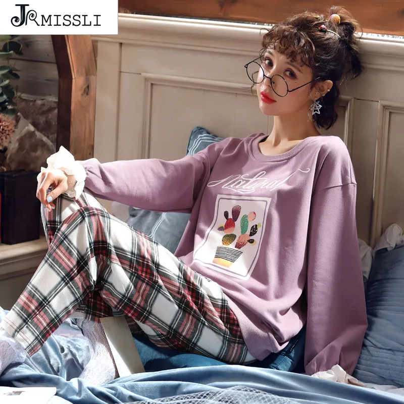 JRMISSLI 2019 новые осенние Хлопковые женские пижамы с длинными рукавами Домашняя
