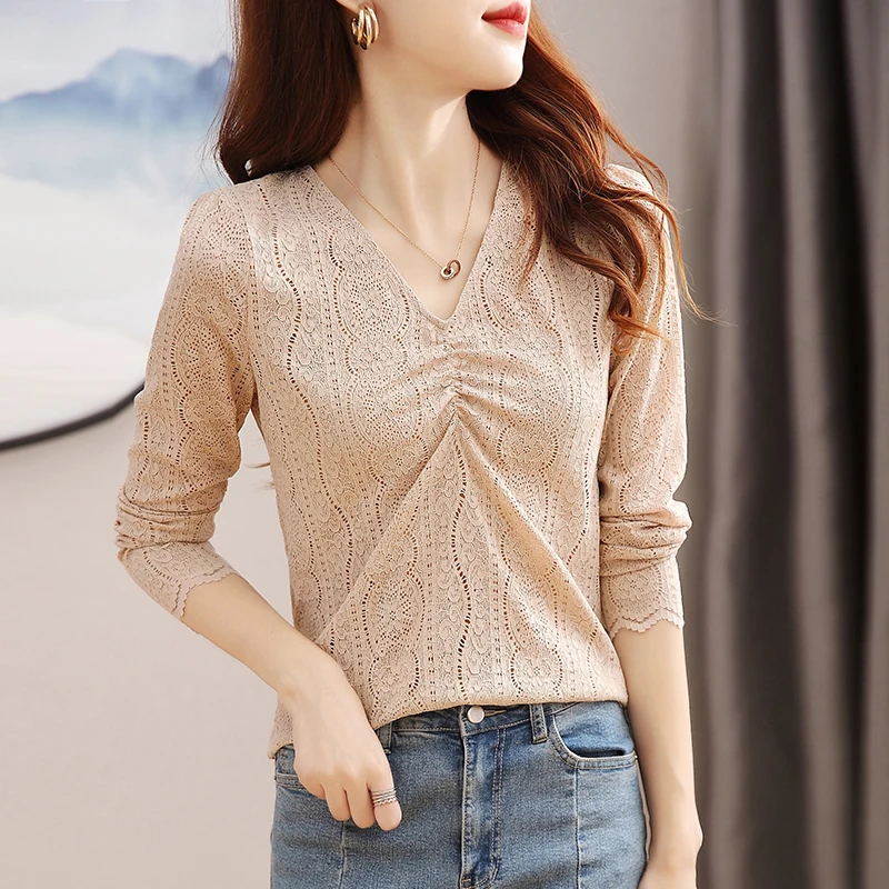 Chiffon Women's Blouse Lace Girl's Shirt Summer Loose Solid Long Sleeve Top V-neck Fashion Casual Office Lady Blusas Houthion
Chiffon Women's Blouse Lace Girl's Shirt Summer Loose Solid Long Sleeve Top V-neck Fashion Casual Office Lady Blusas Houthion