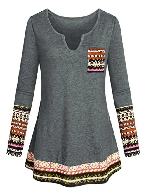 

Plus Size Ethnic Print V Notch Pocket Tunic Tee Fashion Woman Blouses Long Sleeve Top New Female Clothing