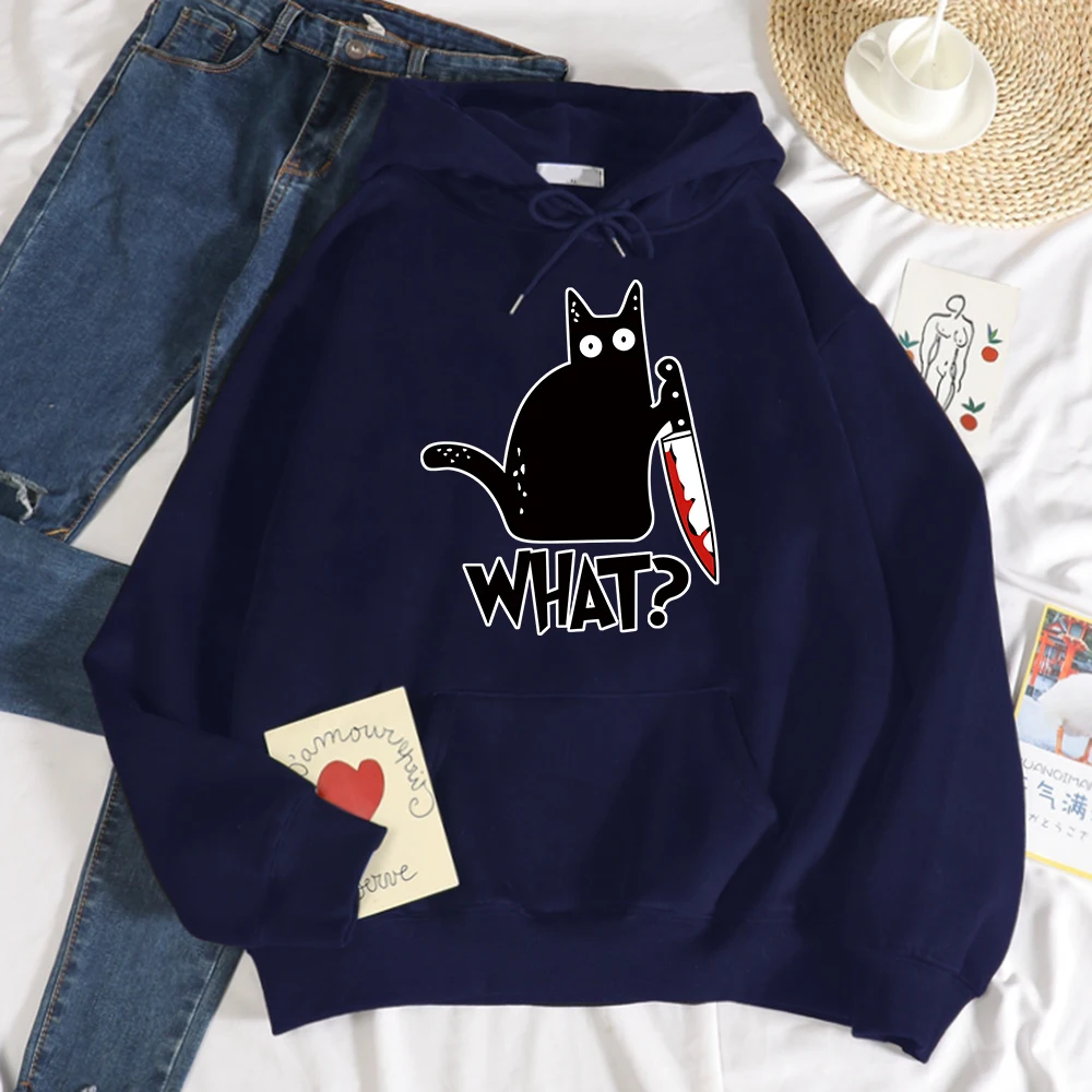 Cartoon Black Cat What Print Womens Hoodies Fashion Street Streetwear Personality Hip Hop Hoody Pullover Fleece Swetshirt Female