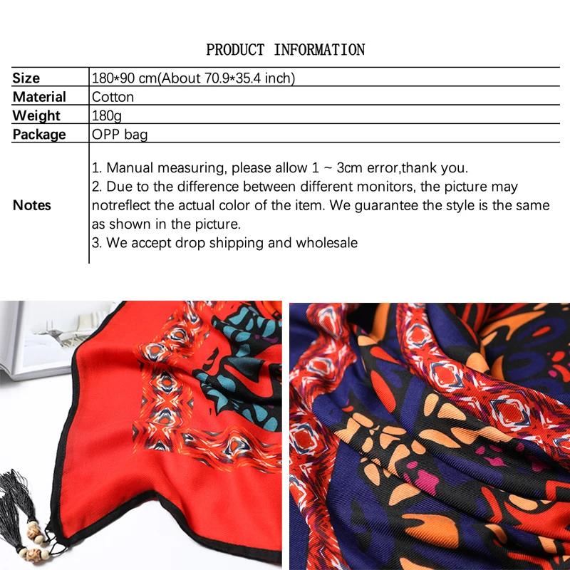 Bohemian Cotton Scarf Women Retro Pattern Tassel Pashmina Muslim Hijab Beach Shawl Wraps Foulard Female Scarves 180*90cm
Bohemian Cotton Scarf Women Retro Pattern Tassel Pashmina Muslim Hijab Beach Shawl Wraps Foulard Female Scarves 180*90cm