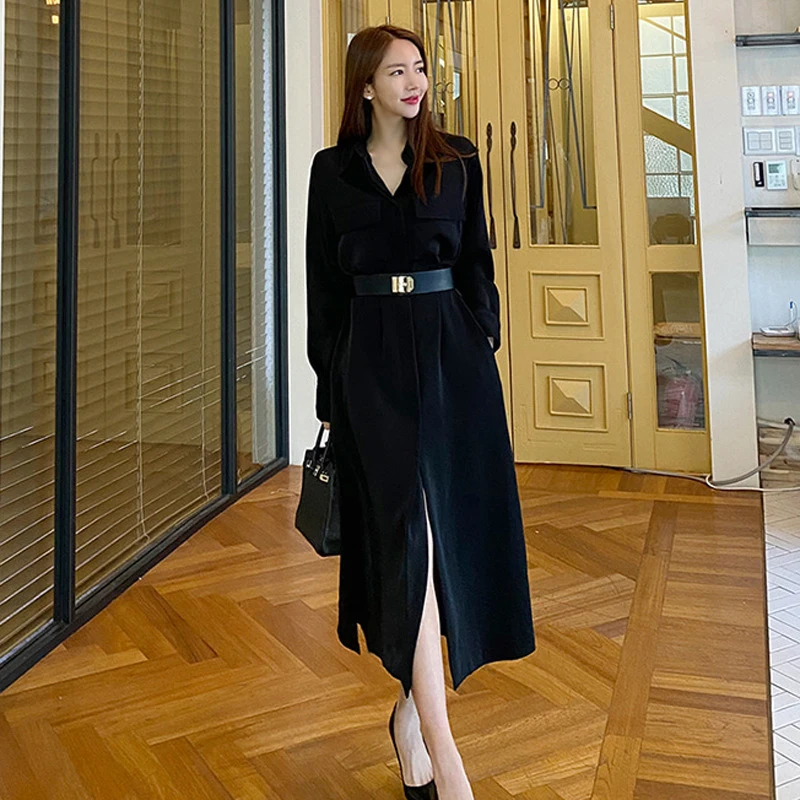 new arrival fashion spring midi dress women OL temperament casual turn-down collar single-breasted loose black a-line dress 
new arrival fashion spring midi dress women OL temperament casual turn-down collar single-breasted loose black a-line dress