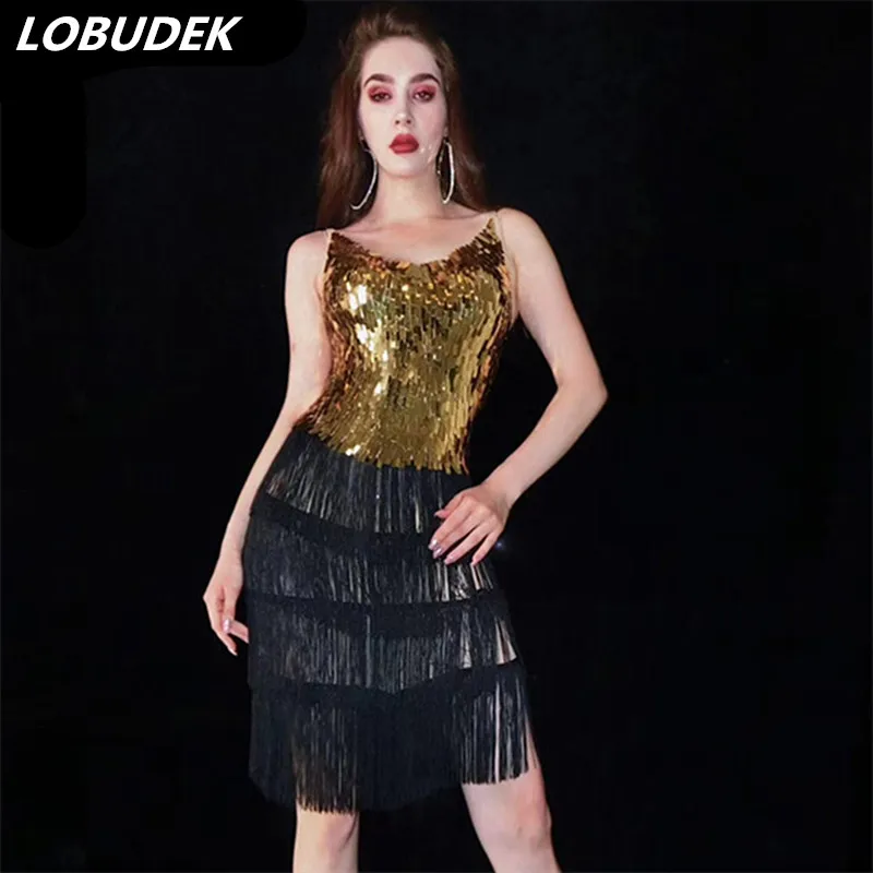 Ladies Sexy See-through Gold Sequins Tassel Dress Prom Evening Singer Host Mesh Sling Dress Nightclub Clothing Stage Costume
Ladies Sexy See-through Gold Sequins Tassel Dress Prom Evening Singer Host Mesh Sling Dress Nightclub Clothing Stage Costume