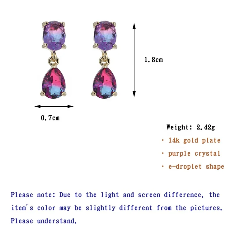 ONYSS New Arrival Purple Crystal E-droplet Colorful Piercing Pendant Earrings Woman 2020 Trend Boho Style
ONYSS New Arrival Purple Crystal E-droplet Colorful Piercing Pendant Earrings Woman 2020 Trend Boho Style