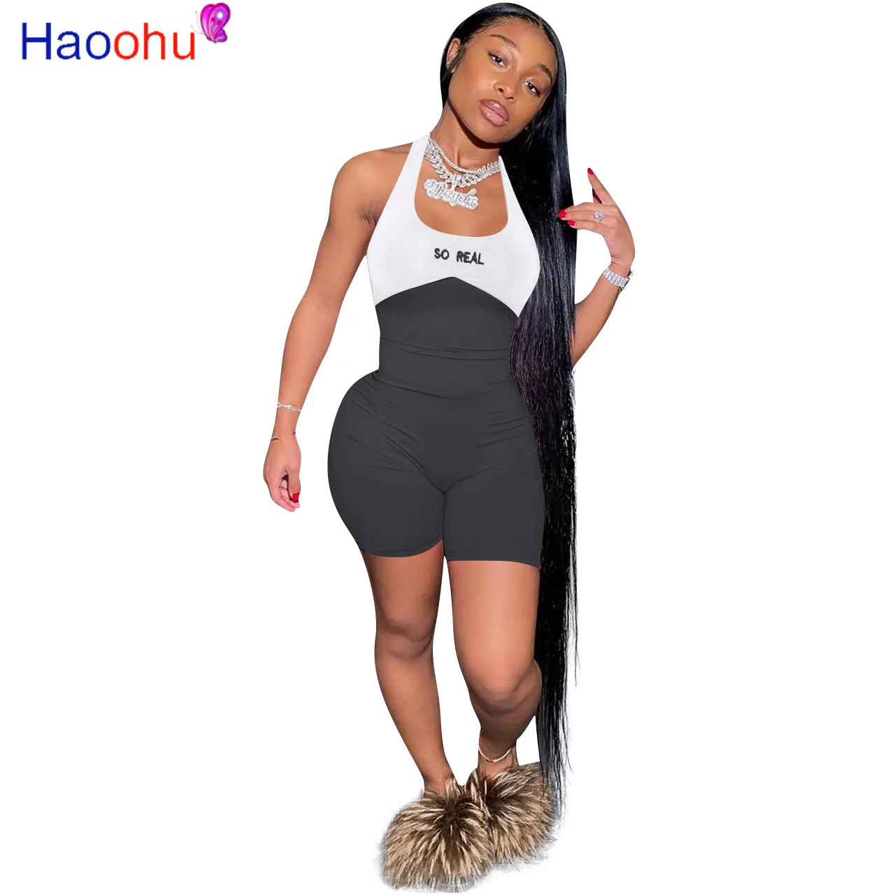 Plus Size Letter Print Casual Fitness Romper Women Halter Neck Open Back Short Playsuit Summer Color Block One Piece Body Suits
Plus Size Letter Print Casual Fitness Romper Women Halter Neck Open Back Short Playsuit Summer Color Block One Piece Body Suits