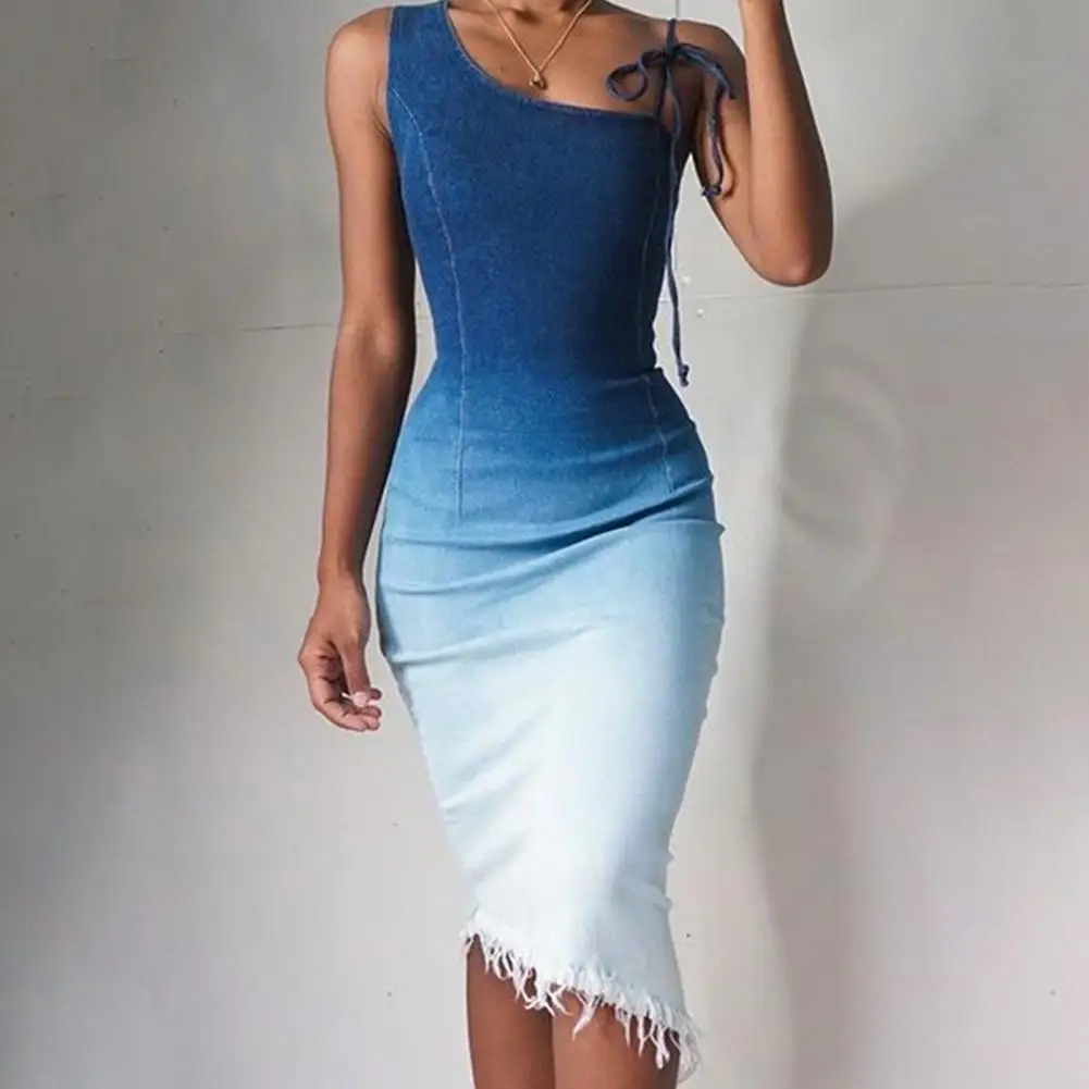Fashion Gradient Women Irregular Denim Dress Elegant Bodycon Tie-Up Strap Party Dress Sexy Sleeveless Off Shoulder Dress Vestido
Fashion Gradient Women Irregular Denim Dress Elegant Bodycon Tie-Up Strap Party Dress Sexy Sleeveless Off Shoulder Dress Vestido