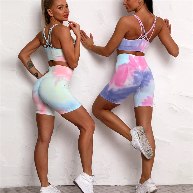 Tie Dye Seamless Yoga Set Women Female Two 2pcs Piece Crop Top Bra Shorts Sportwear Workout Outfit Fitness Gym Suit clothing | Спорт и
