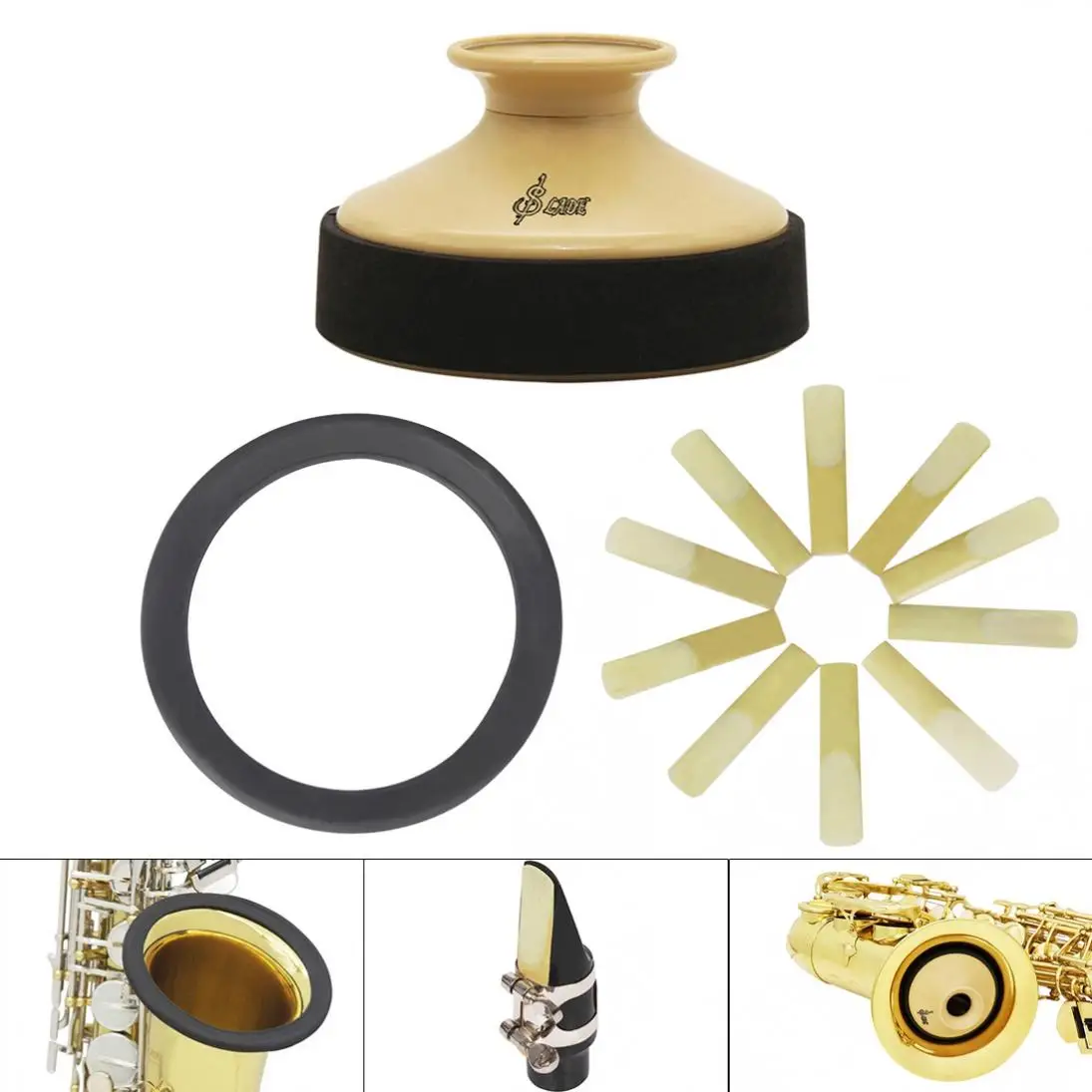 Alto Sax Accessories Kit with ABS Saxophone Mute + Rubber Protector Silencer Ring + 10pcs Reeds for all alto saxophone 
Alto Sax Accessories Kit with ABS Saxophone Mute + Rubber Protector Silencer Ring + 10pcs Reeds for all alto saxophone