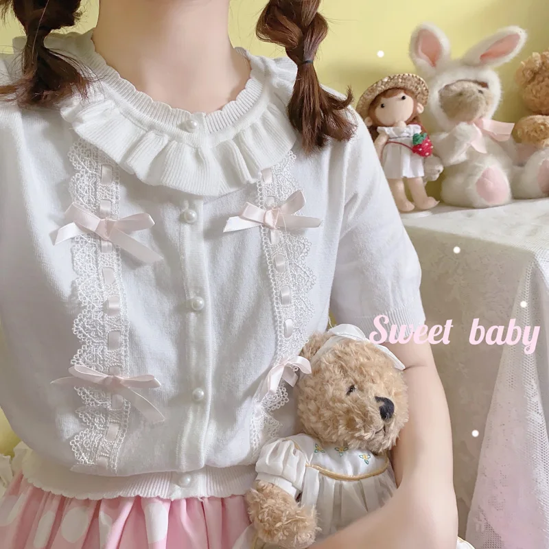 New Japanese Summer Knitting Lolita Blouse Sweet Cute Baby Doll Ruffle Sweater Bow White Blusas Female Kawaii Women Shirt Clothe
New Japanese Summer Knitting Lolita Blouse Sweet Cute Baby Doll Ruffle Sweater Bow White Blusas Female Kawaii Women Shirt Clothe