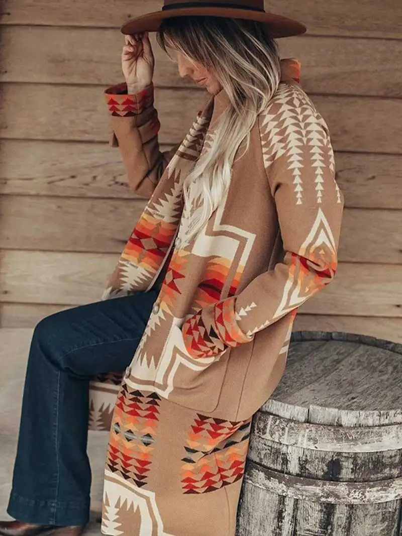 Женская длинная жаккардовая куртка богемный Вдохновленный с племенным принтом