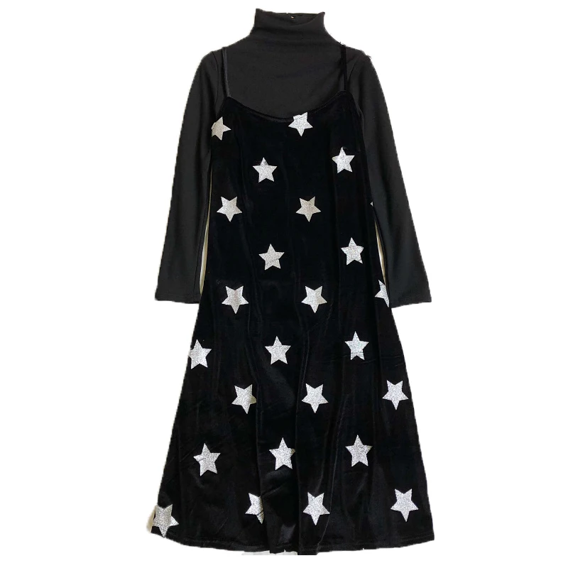 PERHAPS U Women Black Turtle Neck Long Sleeve Velvet Star Sling Two Pieces Set Midi Dress Winter Autumn T0061
PERHAPS U Women Black Turtle Neck Long Sleeve Velvet Star Sling Two Pieces Set Midi Dress Winter Autumn T0061
