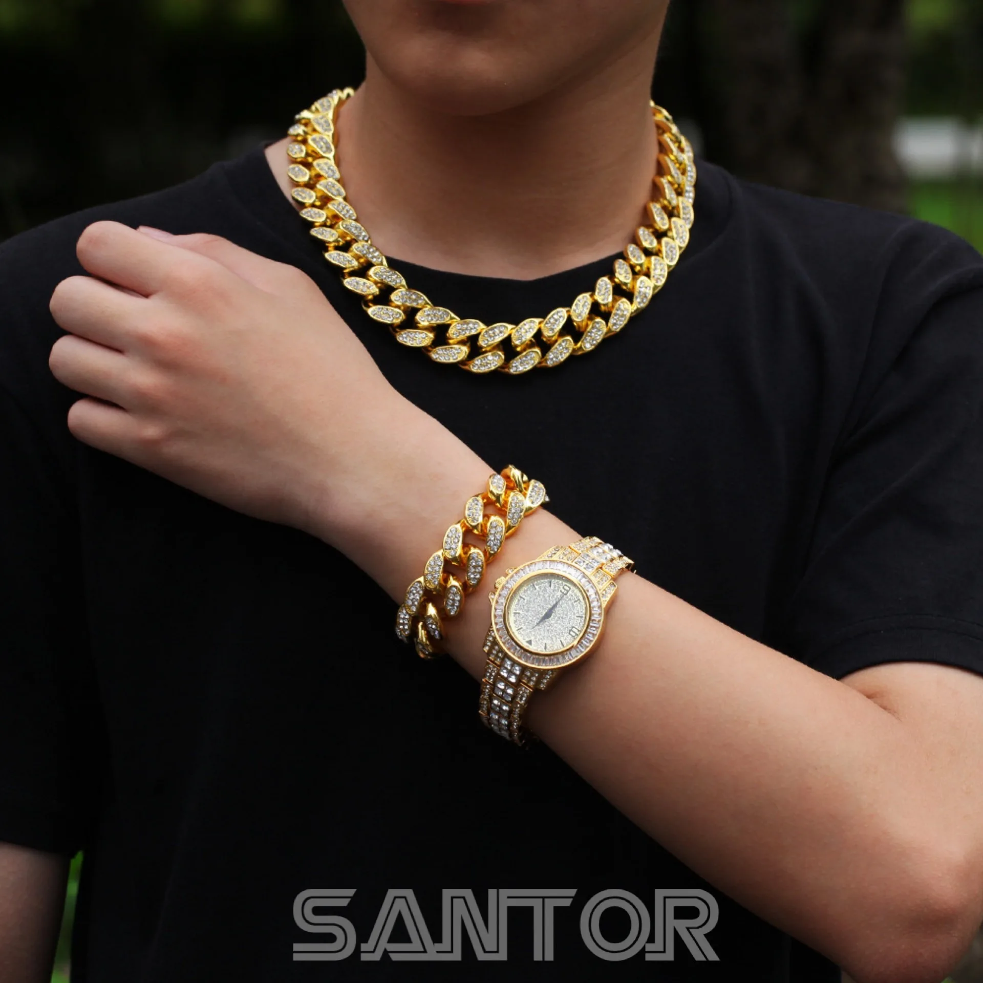 Santor Gold Plated Necklace Watch Bracelet Hip Hop Miami Curb Cuban Chain Iced Out Paved Rhinestones CZ Bling For Men Jewelry
Santor Gold Plated Necklace Watch Bracelet Hip Hop Miami Curb Cuban Chain Iced Out Paved Rhinestones CZ Bling For Men Jewelry