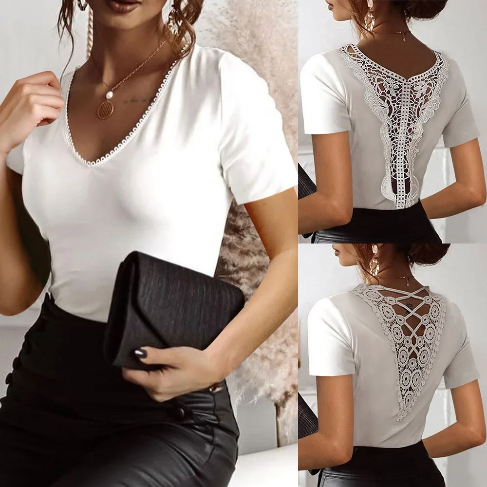 2021 Sexy Women Summer Solid T-Shirts Back Hollow Out Design Lace Decor V Neck Short Sleeve Slim Pullovers Top for Streetwear
2021 Sexy Women Summer Solid T-Shirts Back Hollow Out Design Lace Decor V Neck Short Sleeve Slim Pullovers Top for Streetwear