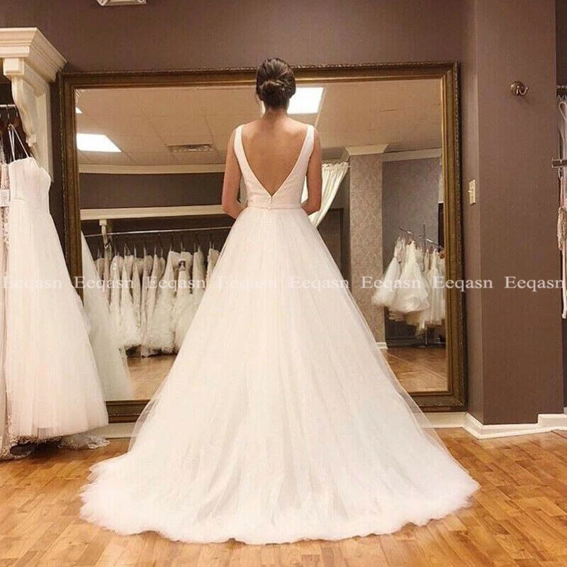 Cheap Tulle A Line Wedding Dress Long Simple White Backless Train Beach Boho Bride Dress vestido novia 2020 Custom Size 
Cheap Tulle A Line Wedding Dress Long Simple White Backless Train Beach Boho Bride Dress vestido novia 2020 Custom Size