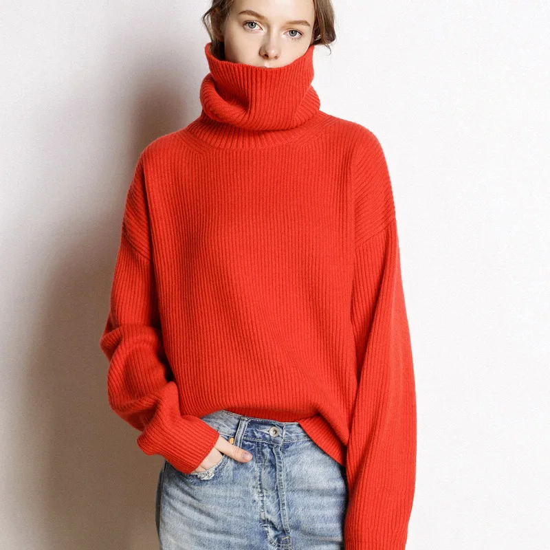 

2021autumn and Winter European American Cashmere Sweater Women's High Neck Thick Loose Pullover Lazy Bottoming Shirt