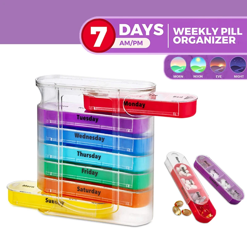 

Weekly 7 Days Pill Organizer Four Times-a-Day Medication Reminder 28 Compartments Pill Box Plastic Medicine Dispenser for Travel