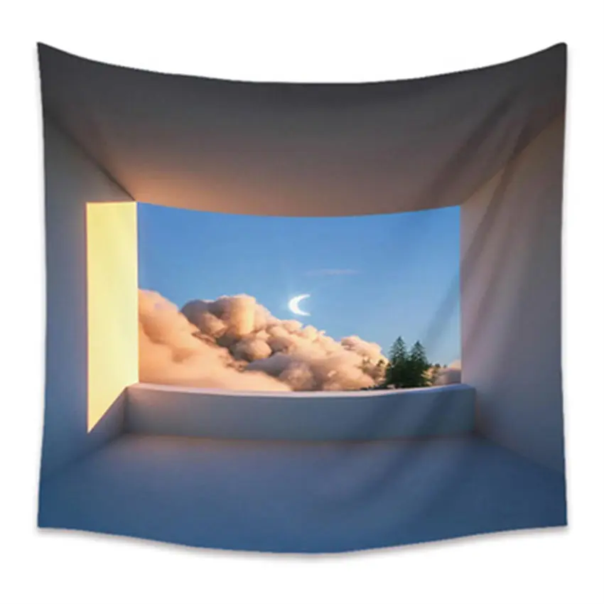 

Outside the seaside window, tapestry Hippie Wall Hanging Starry Night Sky Moon Tapestry Psychedelic Fabric ceiling decoration