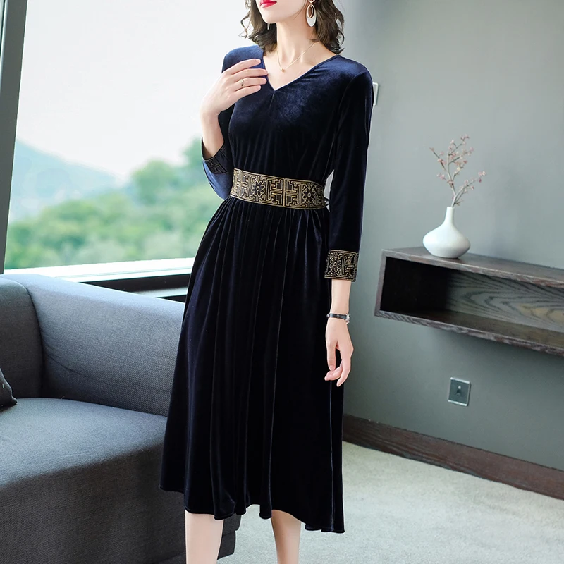 COIGARSAM Women Long Dress Autumn 2021 New Fashion Three Quarter Sleeve High Waist Dark Blue Dresses Traf Robe Vestidos 
COIGARSAM Women Long Dress Autumn 2021 New Fashion Three Quarter Sleeve High Waist Dark Blue Dresses Traf Robe Vestidos