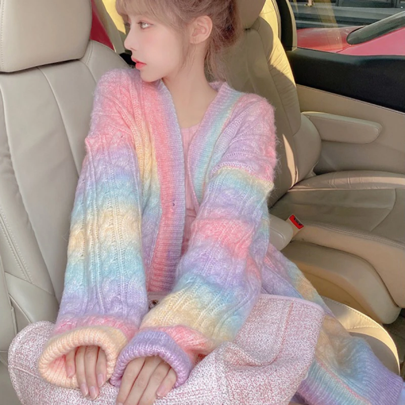 2021 Rainbow Knitted Cardigan Women Autumn Winter Sweet Sweater Coat Female Jumper Long Sleeve Korean Button Loose Cardigans Top
2021 Rainbow Knitted Cardigan Women Autumn Winter Sweet Sweater Coat Female Jumper Long Sleeve Korean Button Loose Cardigans Top