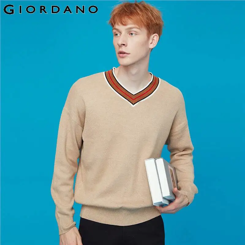 Giordano мужской вязанный свитер с v образным вырезом под шею выполнен в трёх