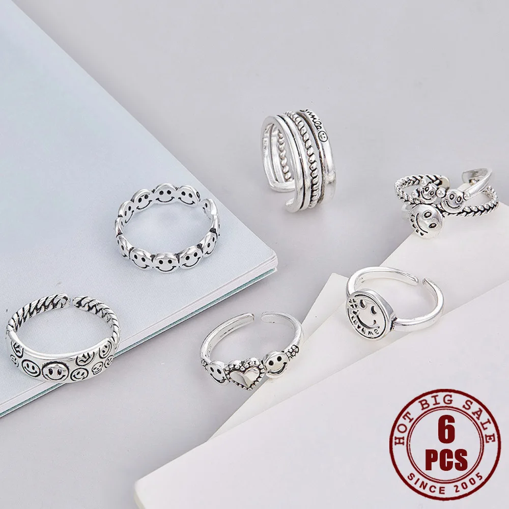 6 PCS Vintage Silver Color Happy Smiling Face Open Rings For Women Punk Adjustable Female Men Finger Ring Fashion Jewelry Gift
6 PCS Vintage Silver Color Happy Smiling Face Open Rings For Women Punk Adjustable Female Men Finger Ring Fashion Jewelry Gift