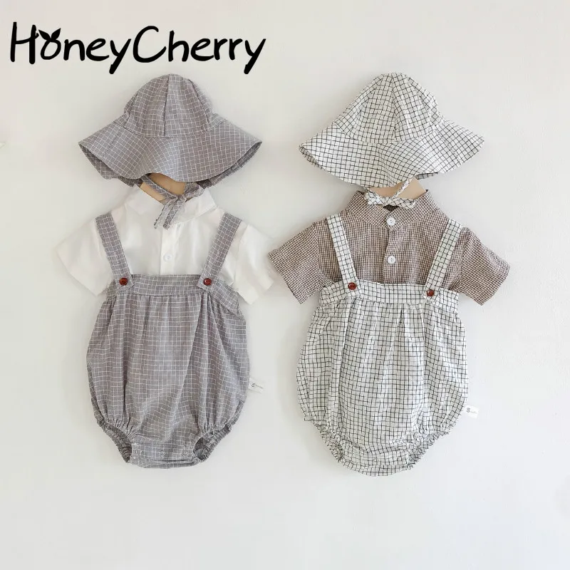 HoneyCherry Summer baby girl set cotton plaid strap + hat + short sleeve T-shirt set baby girl clothes
HoneyCherry Summer baby girl set cotton plaid strap + hat + short sleeve T-shirt set baby girl clothes