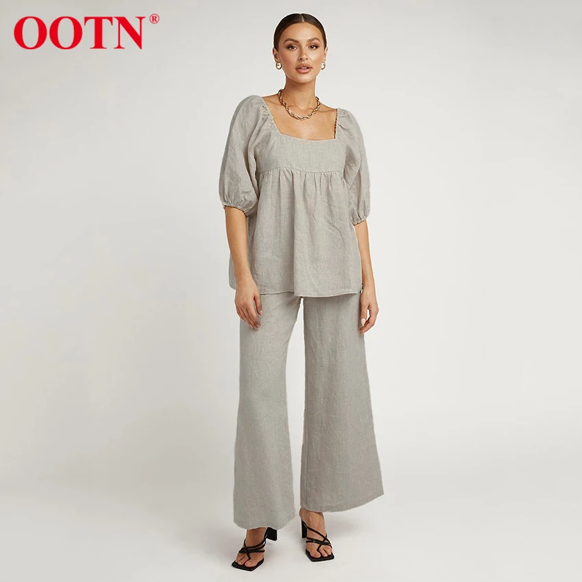 OOTN Woman Set Square Neck Puff Sleeve Pleated Blouses Khaki Zipper Wide Leg Pants Casual Loose Cotton Linen Pant Suits 2021
OOTN Woman Set Square Neck Puff Sleeve Pleated Blouses Khaki Zipper Wide Leg Pants Casual Loose Cotton Linen Pant Suits 2021