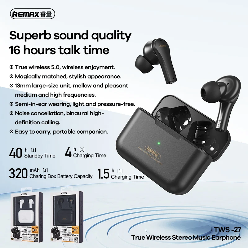 Remax TWS-27 13MM Dynamic TWS 5.0 In Ear Wireless Headphones HIFI Stereo Bluetooth Gaming Music Earphones Touch Control With Mic
Remax TWS-27 13MM Dynamic TWS 5.0 In Ear Wireless Headphones HIFI Stereo Bluetooth Gaming Music Earphones Touch Control With Mic
