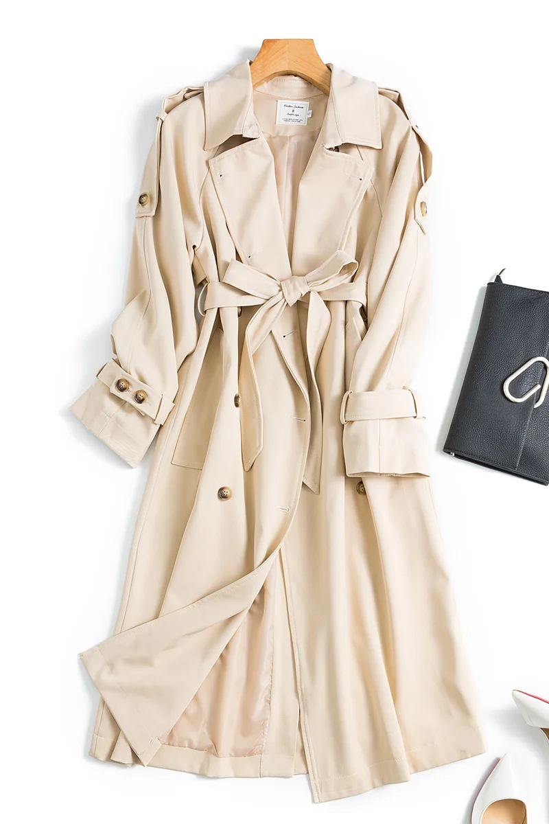 Medium length coat women's spring and autumn Khaki over knee windbreaker belt feminine temperament fashionable cool accessories
Medium length coat women's spring and autumn Khaki over knee windbreaker belt feminine temperament fashionable cool accessories