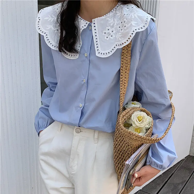 

HziriP 2021 Korean Patchwork Lace Peter Pan Collar Casual Brief Chic Sweet Girls High Quality Femme Loose All Match New Shirts