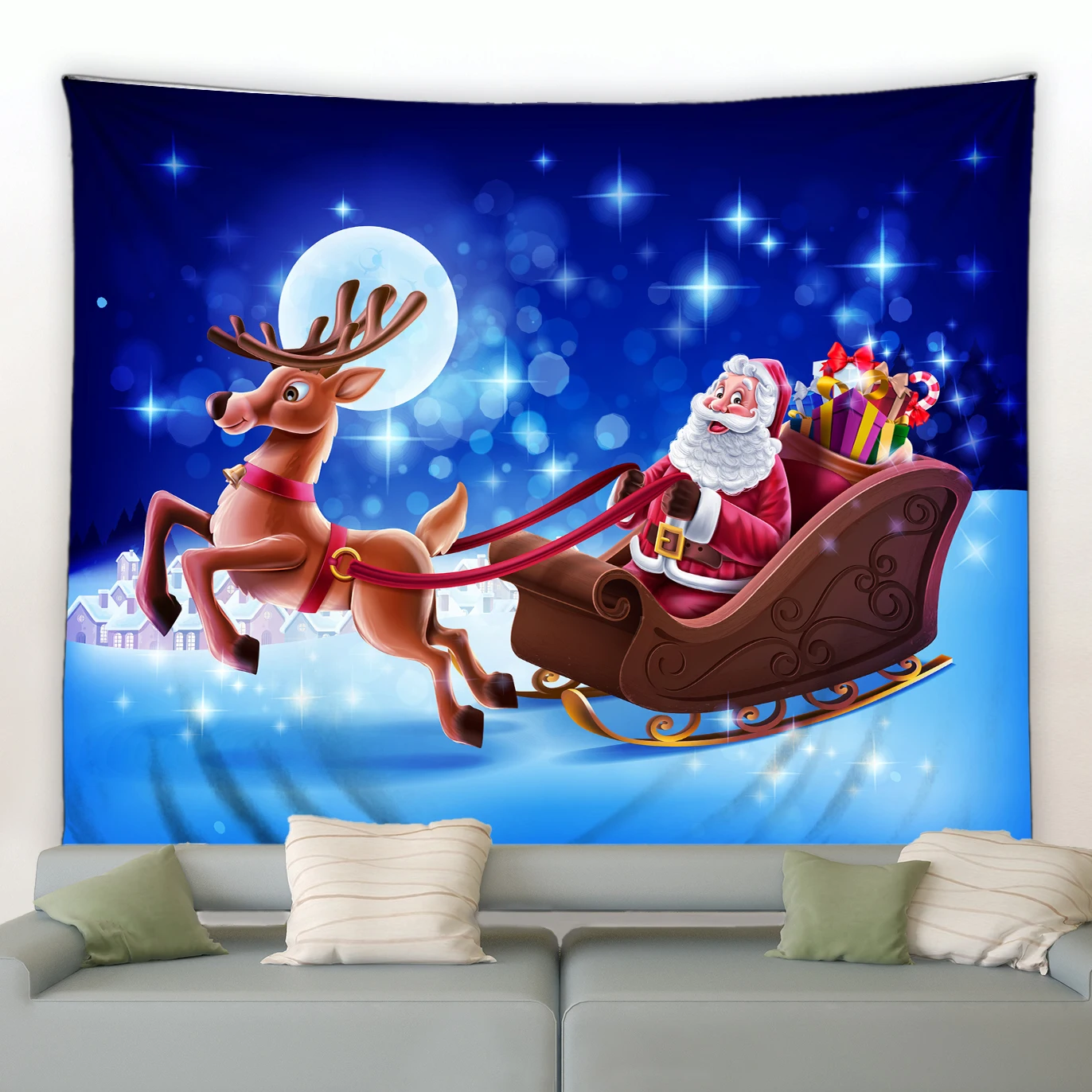 

Christmas Tapestry Santa Claus Elk Christmas Tree Snowman Psychedelic Moon Background Wall Hanging Tapestries Holiday Blanket