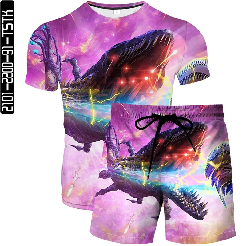 

2021 summer new men's and women's same style 3D printed beach pants fashion boutique T-shirt two-piece dinosaur element pattern