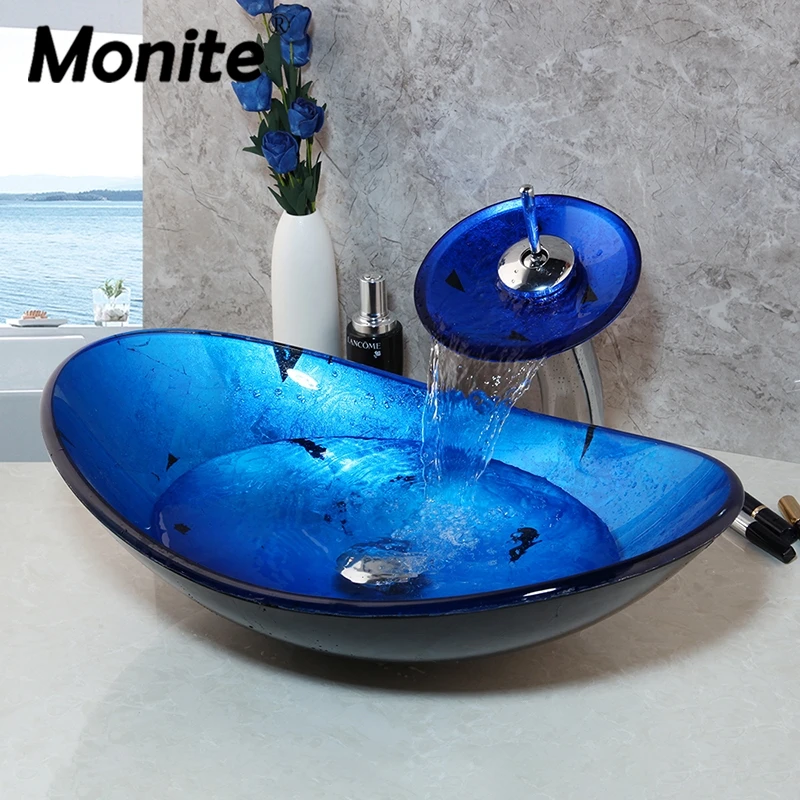 

Monite Blue Bathroom Washbasin Countertop Tempered Glass Basin Sink Faucet Set Brass Waterfall Faucet Washroom Vessel Vanity Bar