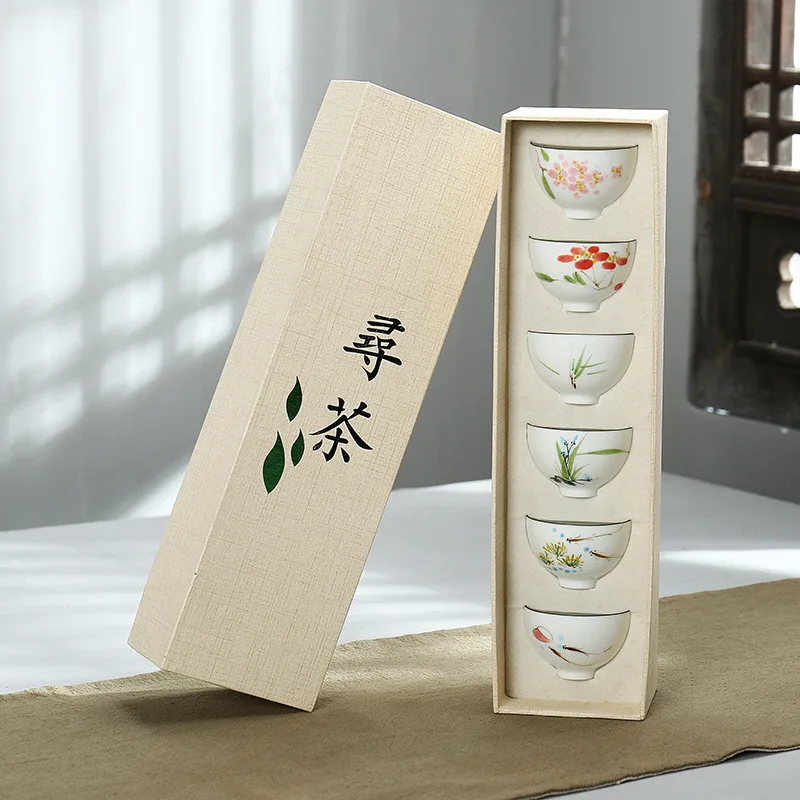 

Чайный набор кунг-фу чайная чашка ручная роспись керамическая белая чайная чашка набор керамический владелец индивидуальная одинарная чаш...