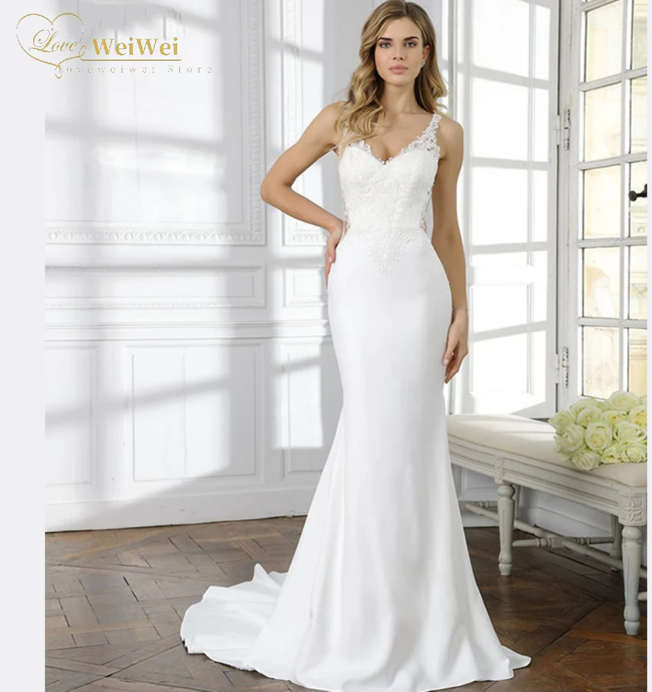 Elegant Mermaid Wedding Dress V-Neck Slim-Line Court Train Sleeveless With Spaghetti Straps Button Appliques Vestidos De Novia
Elegant Mermaid Wedding Dress V-Neck Slim-Line Court Train Sleeveless With Spaghetti Straps Button Appliques Vestidos De Novia