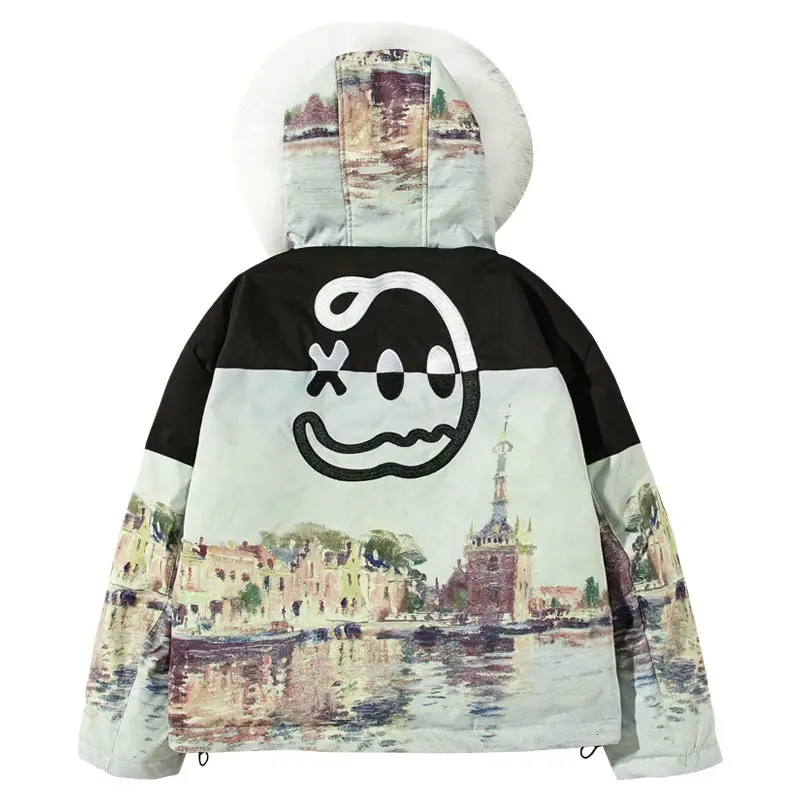 Jacket Men Graffiti Face Chinese Tide Hooded Fur Collar Windproof Padded Coat Printed Landscape Zipper Street Hip-hop Clothing
Jacket Men Graffiti Face Chinese Tide Hooded Fur Collar Windproof Padded Coat Printed Landscape Zipper Street Hip-hop Clothing