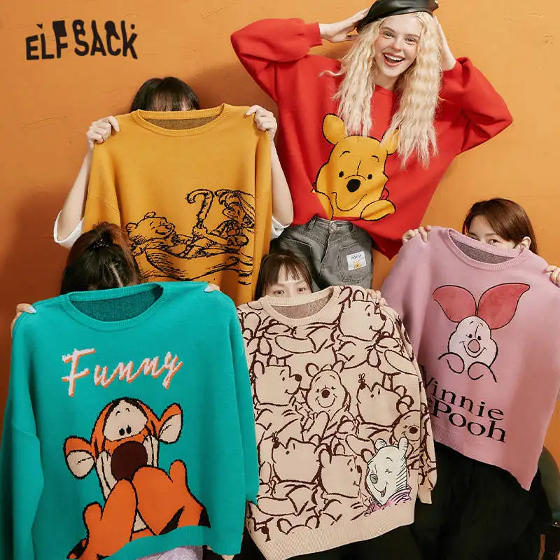 Вязаный жаккардовый Женский пуловер ELFSACK в Корейском стиле с мультяшным рисунком